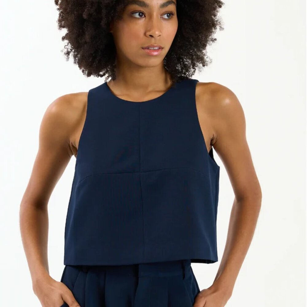 Sundays Rae top blouse shirt navy blue tank cropped sleeveless boxy vest new L